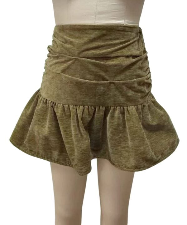 Elegant olive green ruffled skirt with a gathered waist and flared hem, perfect for casual or semi-formal occasions.