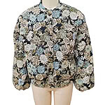 Women's floral bomber jacket with a mix of beige, blue, and black colors, featuring a round neckline and elastic cuffs, perfect for casual and stylish wear.