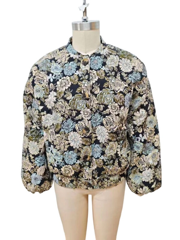 Women's floral bomber jacket with a mix of beige, blue, and black colors, featuring a round neckline and elastic cuffs, perfect for casual and stylish wear.