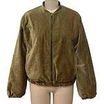 Brown corduroy bomber jacket with front zipper, elastic cuffs, and collar, displayed on a mannequin for fashion and apparel.