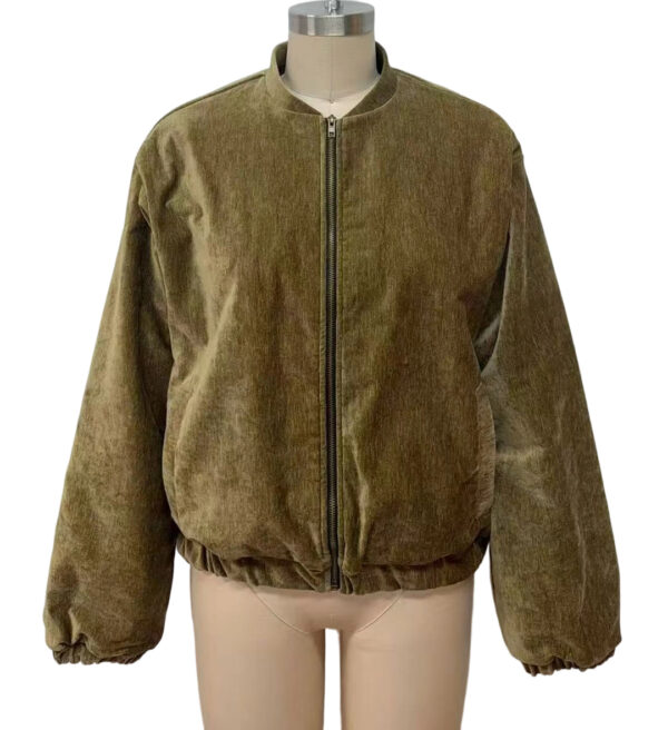 Brown corduroy bomber jacket with front zipper, elastic cuffs, and collar, displayed on a mannequin for fashion and apparel.