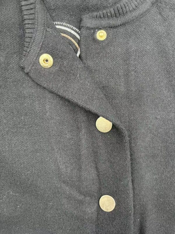 Close-up of a black cardigan with gold buttons, showcasing its fabric texture and button details, perfect for casual or formal wear.