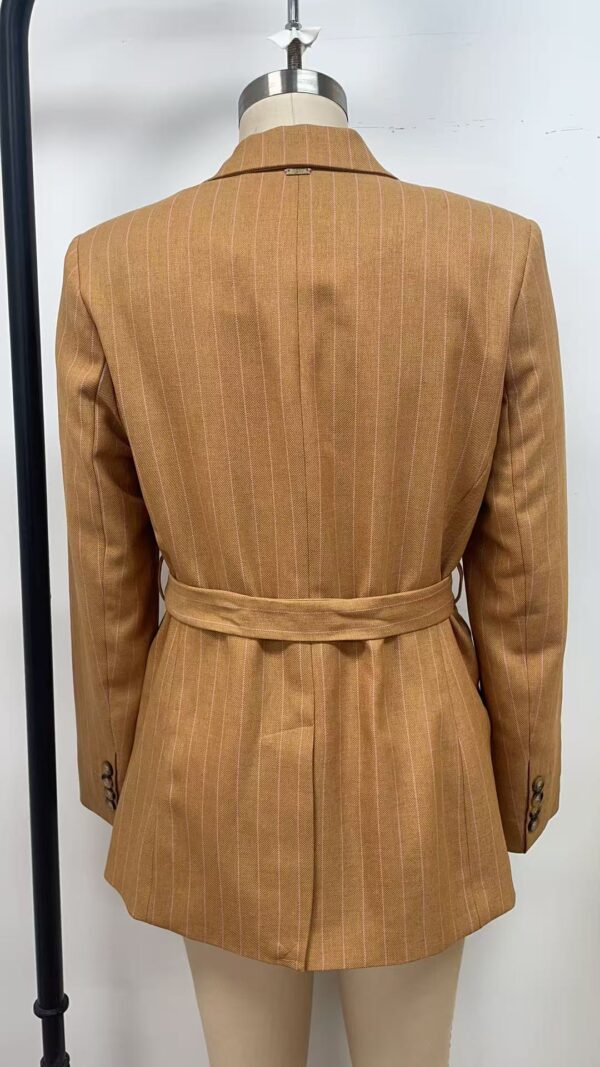 Stylish brown pinstripe blazer with a waist belt, perfect for professional or casual wear, displayed on a mannequin against a white background.