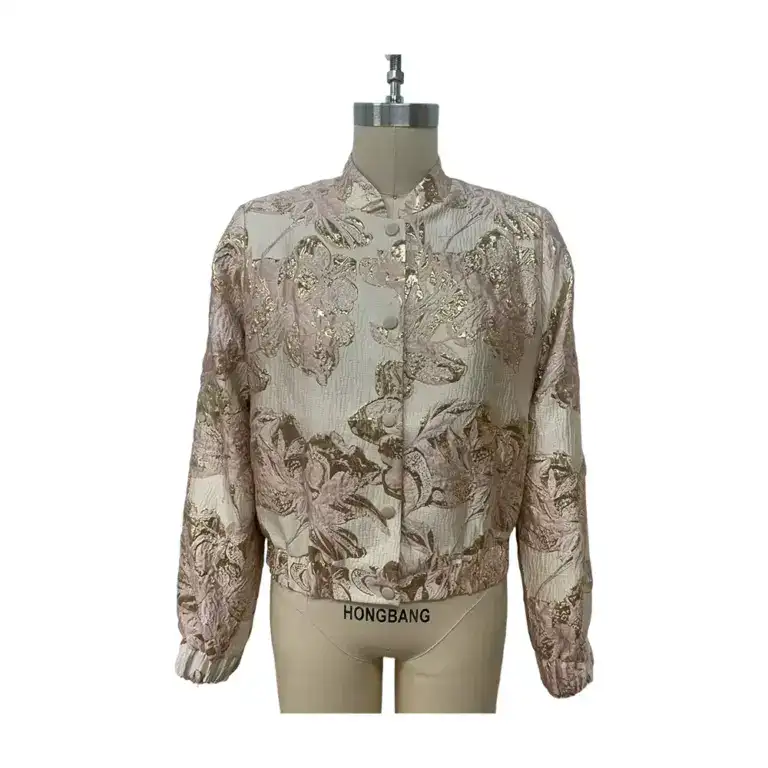 Women's floral patterned jacket with a high collar and button closure, featuring a beige and gold color scheme, perfect for stylish casual wear.