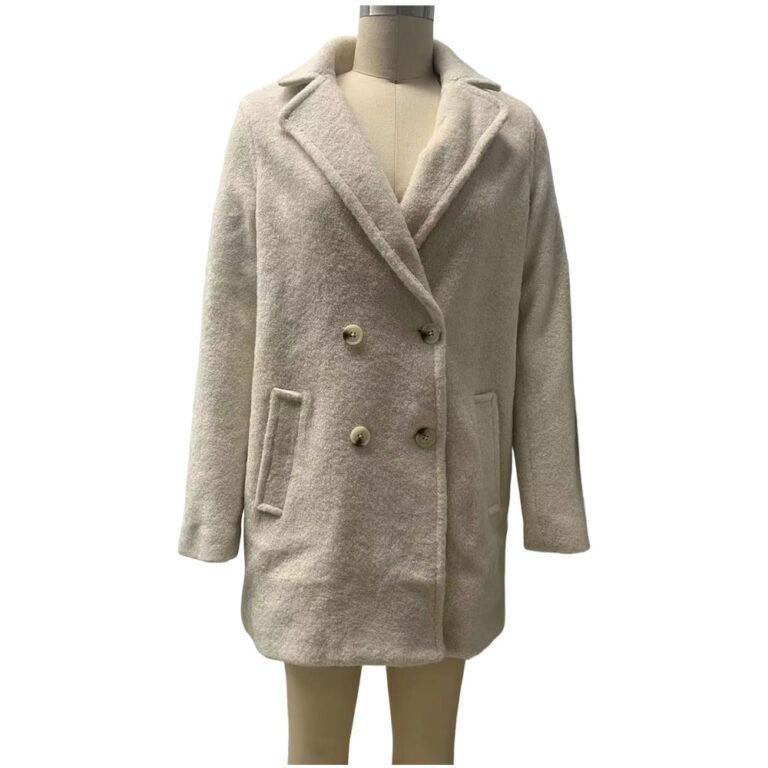 Beige women's wool coat with double-breasted buttons and wide lapel collar, perfect for cold weather and stylish winter outfits.