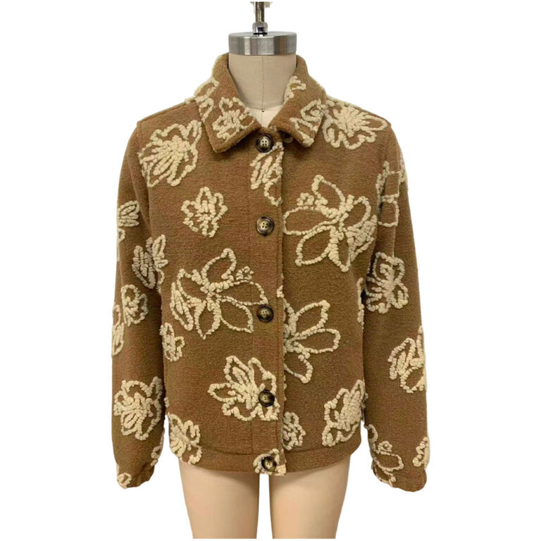 Brown wool jacket with cream floral patterns, button-up front, and classic collar, perfect for stylish winter wear.