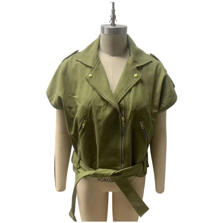 Olive green short sleeve jacket with zipper and belt, fashion style for casual wear.