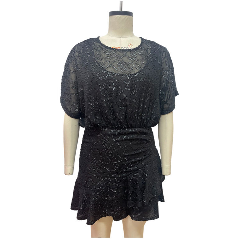 Stylish black dress with sequins, short sleeves, and a ruffled hem, perfect for evening wear or special occasions.