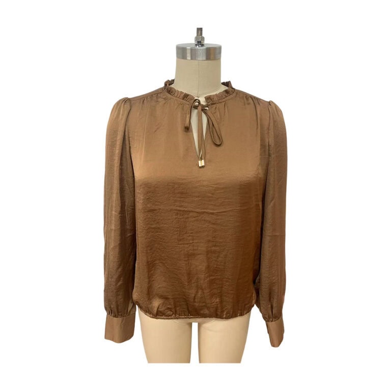 Stylish brown satin blouse with long sleeves, ruffled collar, and tie-neck detail, perfect for fashionable women.