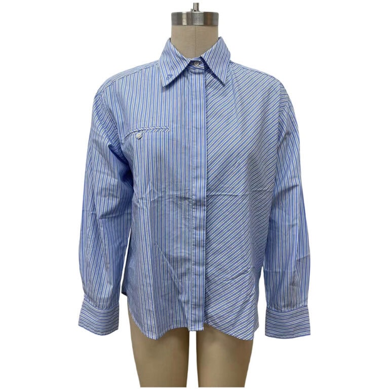 Blue and white striped button-up shirt with long sleeves, classic collar, and chest pocket, displayed on a mannequin.