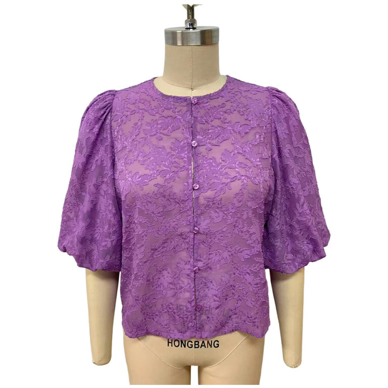 Purple lace blouse with puff sleeves and pearl button closure, perfect for stylish low gauge fashion.
