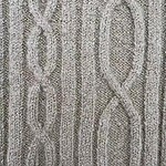 Close-up of a cable knit sweater fabric in neutral tones, showcasing intricate knitting patterns and textured design.