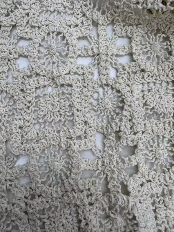 Close-up of detailed cream-colored crochet lace fabric with floral and geometric patterns, ideal for fashion and home decor.
