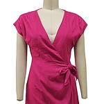Bright pink women's wrap dress with short sleeves and a side tie, perfect for summer or casual outings.