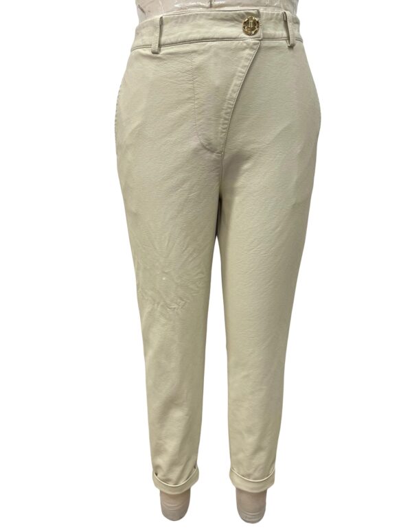 Elegant beige women's trousers with a high waist and tapered fit, perfect for casual or office wear, featuring a front button and zipper closure.