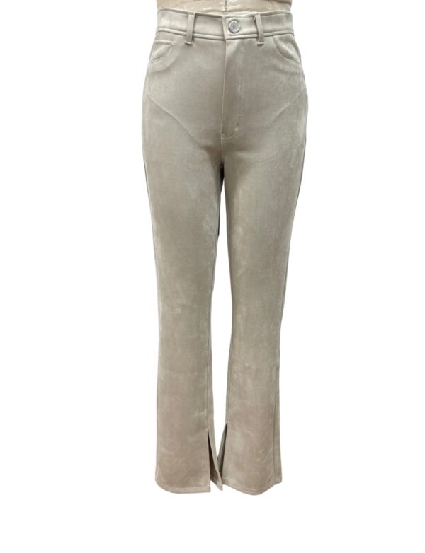 Stylish beige velvet pants with a high waist and front slit, perfect for casual or formal wear, available at nbfish-fashion.com.