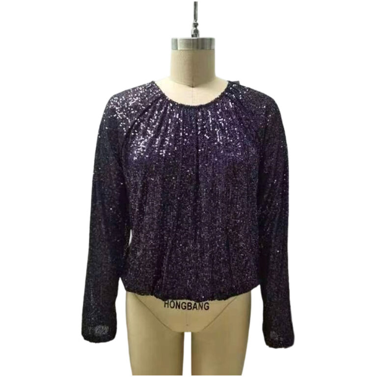 Black sequin long sleeve top displayed on a mannequin, perfect for stylish evening wear or special occasions.