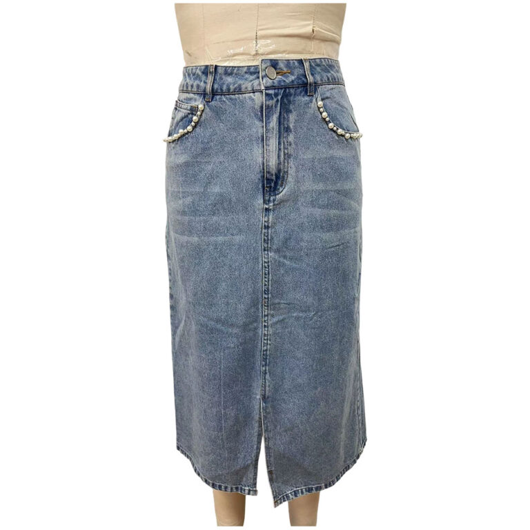 Stylish denim skirt featuring pearl-embellished pockets, high waist, and a front slit, perfect for casual or semi-formal outfits.