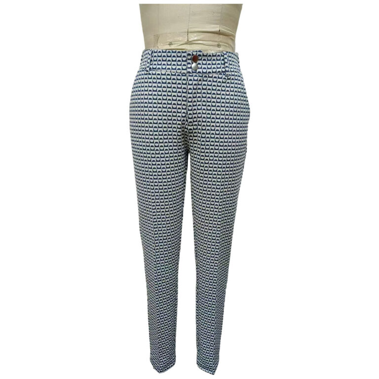 Fashionable patterned pants with a geometric design, high waist, and tailored fit, perfect for stylish casual or semi-formal wear.
