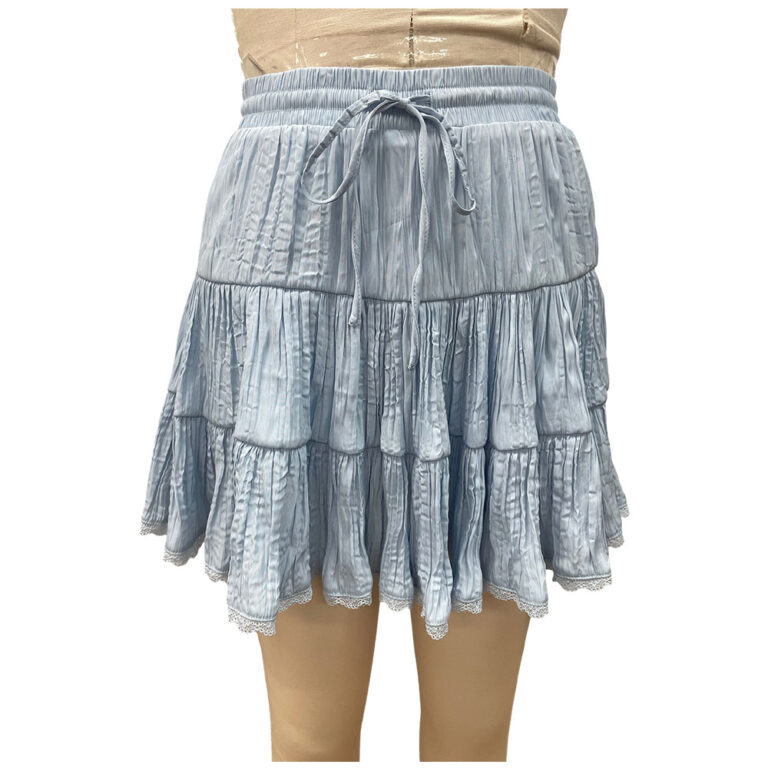 Light blue tiered mini skirt with ruffle details, elastic waistband, and drawstring, perfect for casual summer wear.