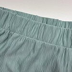 Close-up of a mint green pleated skirt with elastic waistband, showcasing textured fabric and stylish design for fashion-forward women.