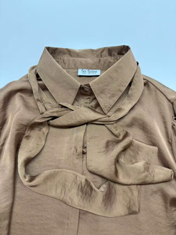 Beige silk blouse with matching scarf, stylish and sophisticated fashion piece for women.