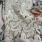Close-up of intricate cream-colored lace fabric with floral and geometric patterns, suitable for fashion and clothing embellishments.