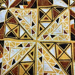 Vibrant fabric featuring intricate geometric patterns in yellow, black, white, and brown colors, showcasing detailed craftsmanship and vibrant design.