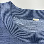 Close-up of a blue knitted sweater showcasing the ribbed neckline and textured fabric, ideal for casual and stylish wear.