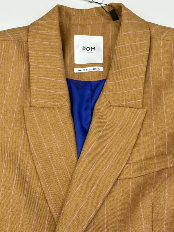 Elegant brown pinstripe blazer with a notched lapel, tailored fit, and a single chest pocket, perfect for professional or casual wear.