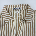 Men's linen shirt with beige and white vertical stripes, classic collar, and button-down front, perfect for casual or semi-formal wear.
