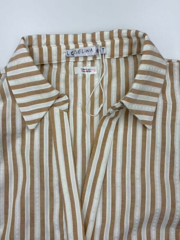 Men's linen shirt with beige and white vertical stripes, classic collar, and button-down front, perfect for casual or semi-formal wear.