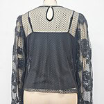 Elegant black lace blouse with sheer polka dot fabric and floral lace sleeves, perfect for stylish occasions and evening wear.