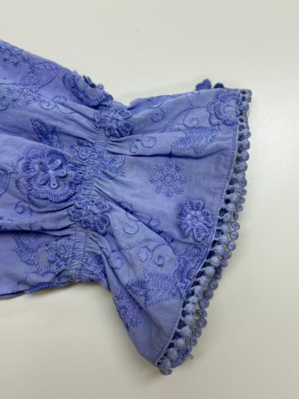 Close-up of a blue embroidered dress with intricate floral patterns and pom-pom trim, showcasing detailed craftsmanship and stylish design.