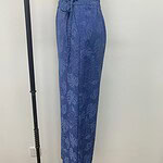 Comfortable blue lounge pants with tropical leaf print, featuring an elastic waistband with a drawstring, perfect for casual wear or relaxing at home.