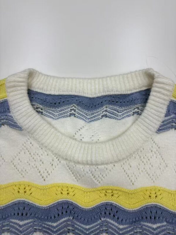 Close-up of a men's knitted sweater featuring white, yellow, and blue patterns with a round neckline, suitable for casual wear.
