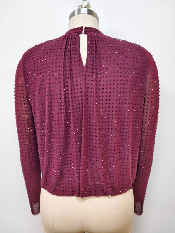Stylish burgundy blouse with rhinestone embellishments, long sleeves, and a keyhole back closure, perfect for evening wear or special occasions.