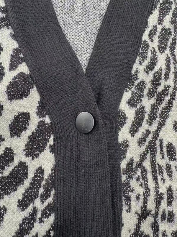 Close-up of a leopard print cardigan featuring a black trim and a single black button, showcasing stylish and trendy fashion details.