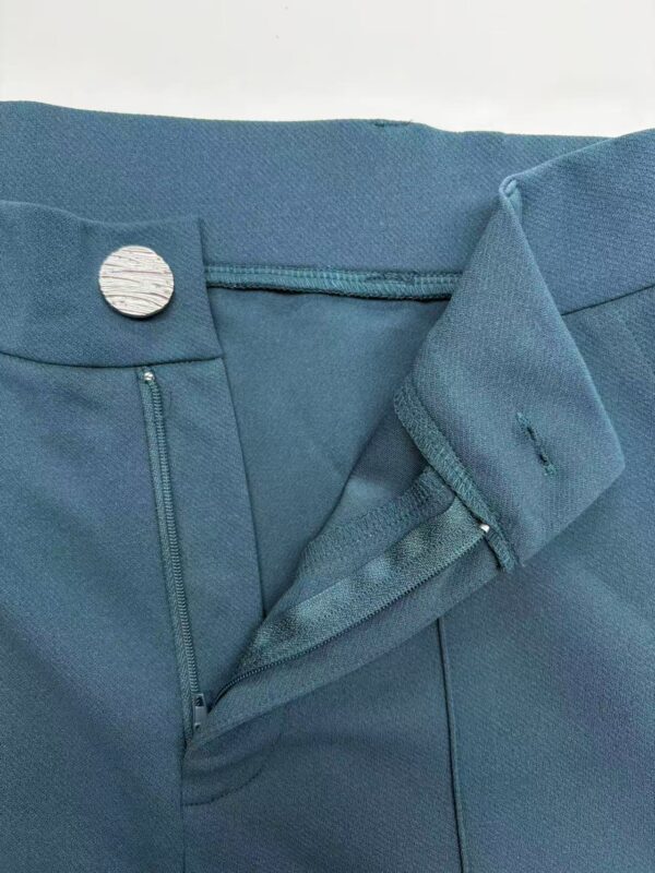 Close-up of blue men's pants showing zipper, button, and waistband details, perfect for fashion and clothing SEO.