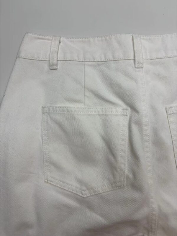 Close-up of white denim pants showing back pocket and waistband details, perfect for casual or stylish everyday wear.