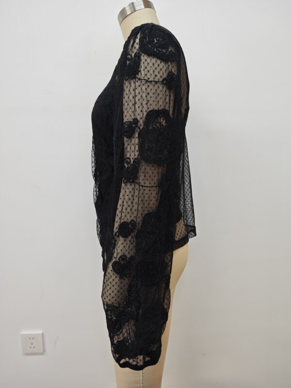 Stylish black lace dress with floral patterns, sheer fabric, and long sleeves, perfect for evening wear or special occasions.