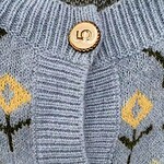 Close-up of a light blue knitted cardigan featuring yellow and black geometric patterns and gold buttons with the number 5.