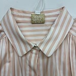 Elegant women's blouse with pink and white vertical stripes, classic collar, and button-down front, perfect for casual or office wear.