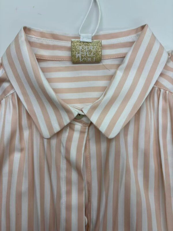 Elegant women's blouse with pink and white vertical stripes, classic collar, and button-down front, perfect for casual or office wear.