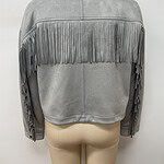 Stylish grey leather jacket with fringe details on sleeves and back, perfect for casual or boho fashion styles.
