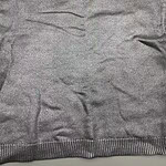 Close-up of a gray knitted sweater with ribbed collar, cuffs, and hem, made from soft yarn, suitable for casual or office wear.