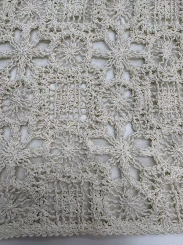 Close-up of detailed crochet lace fabric with floral and geometric motifs, ideal for fashion and textile design.