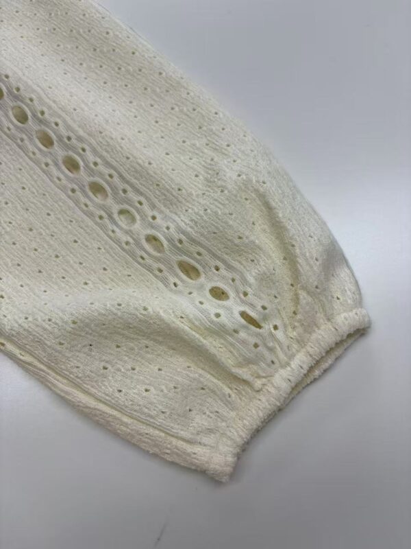 Close-up of cream lace fabric with intricate eyelet and embroidery details, ideal for fashion and apparel design.