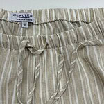 Beige and white striped casual lounge pants with drawstring waist, perfect for comfortable everyday wear.