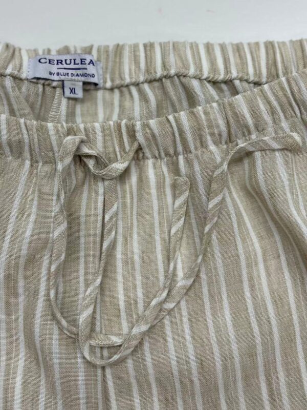 Beige and white striped casual lounge pants with drawstring waist, perfect for comfortable everyday wear.